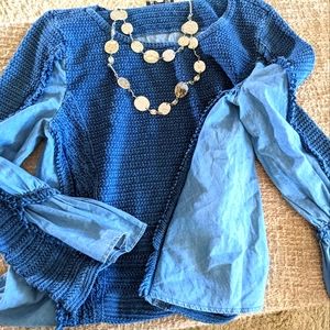 Fun and flirty multi media dual sweater / chambray shirt.  Size:. XL.  NWT